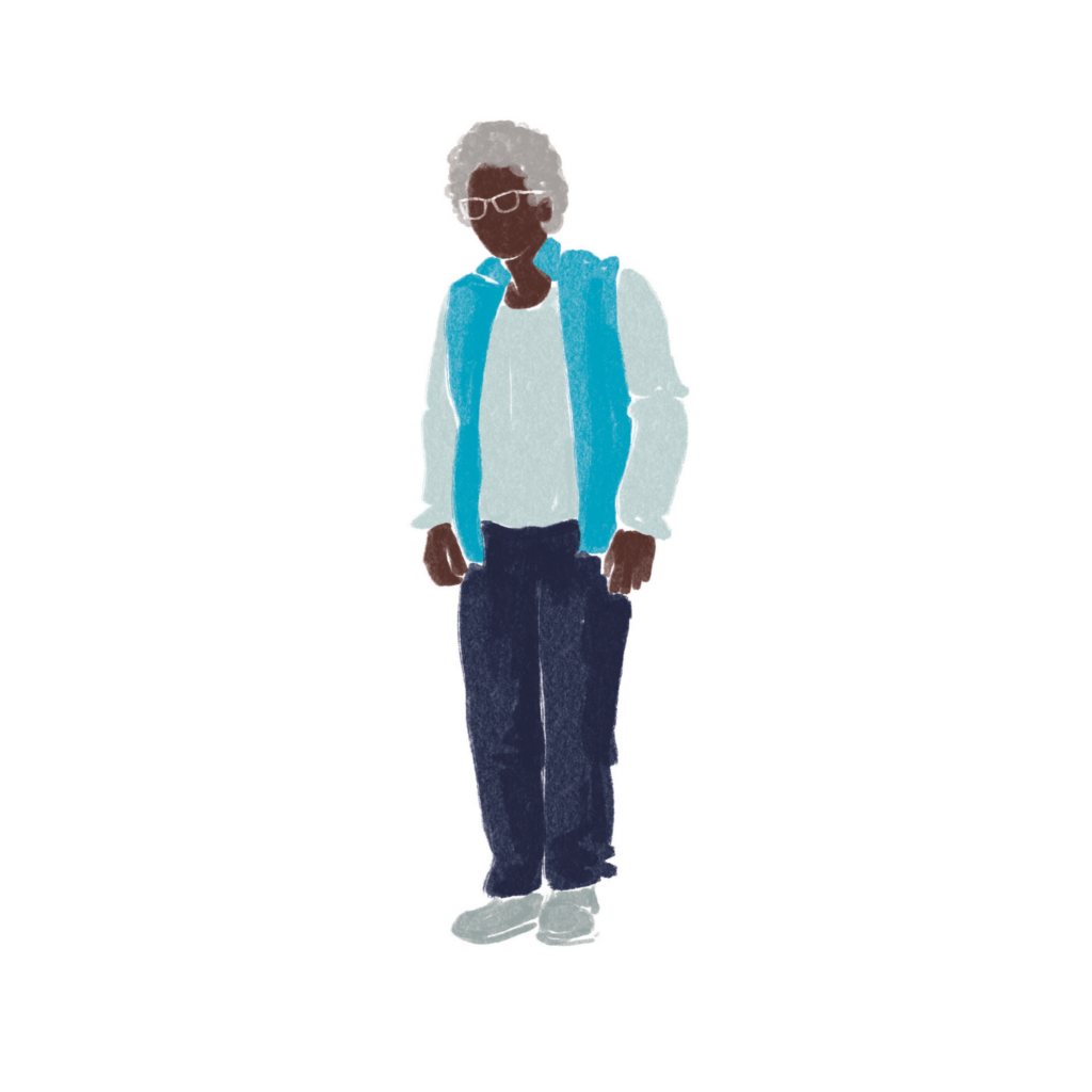 Illustration SSP Dame agée debout gilet bleu