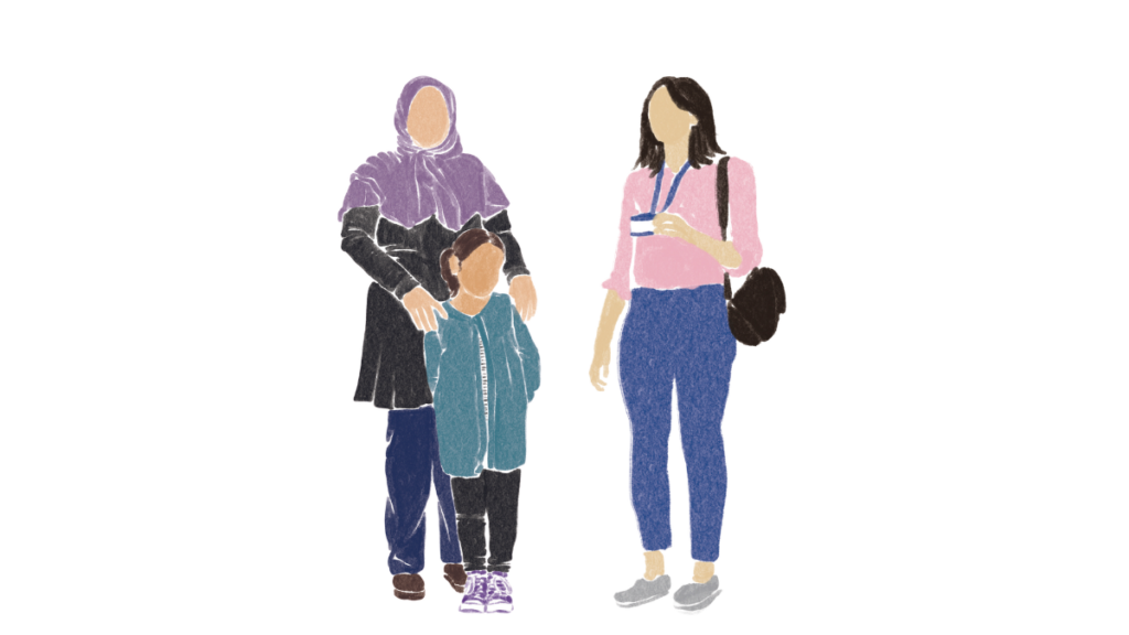 Travailleuse social avec maman et enfant
